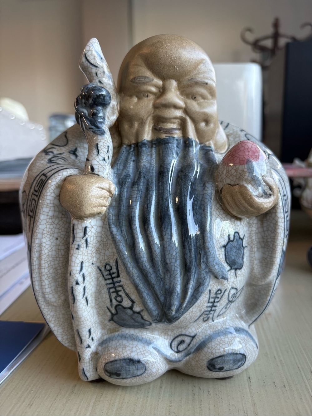 Antique White, Gray & Gold Ceramic Lucky God Figurine
